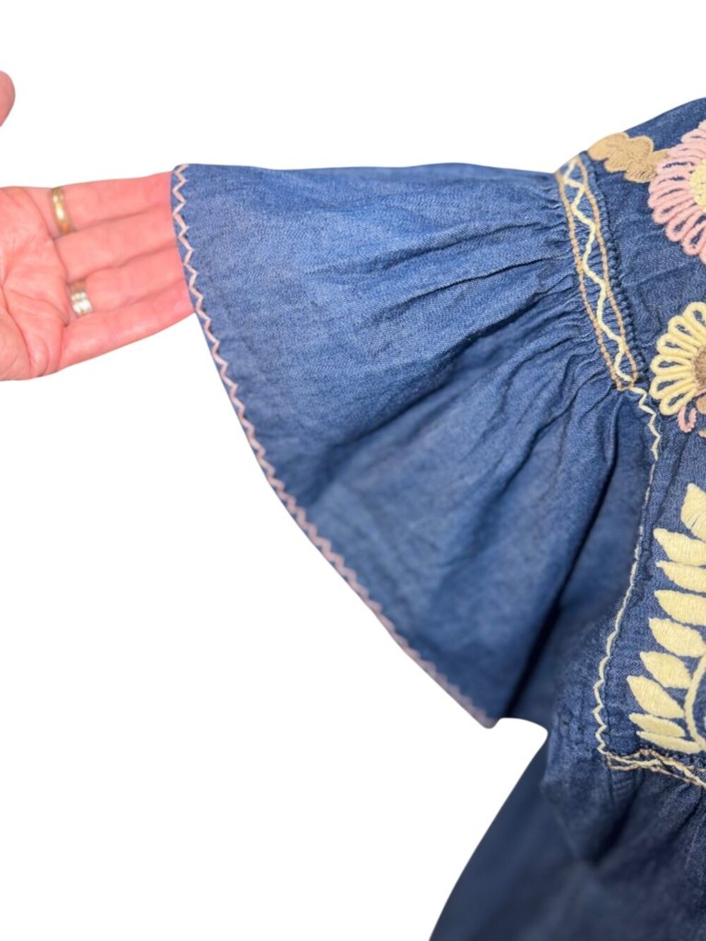 Denim Tunic Top Boho Santa Fe Western Floral Embroidery Flutter Sleeves Womens M - Picture 7 of 8